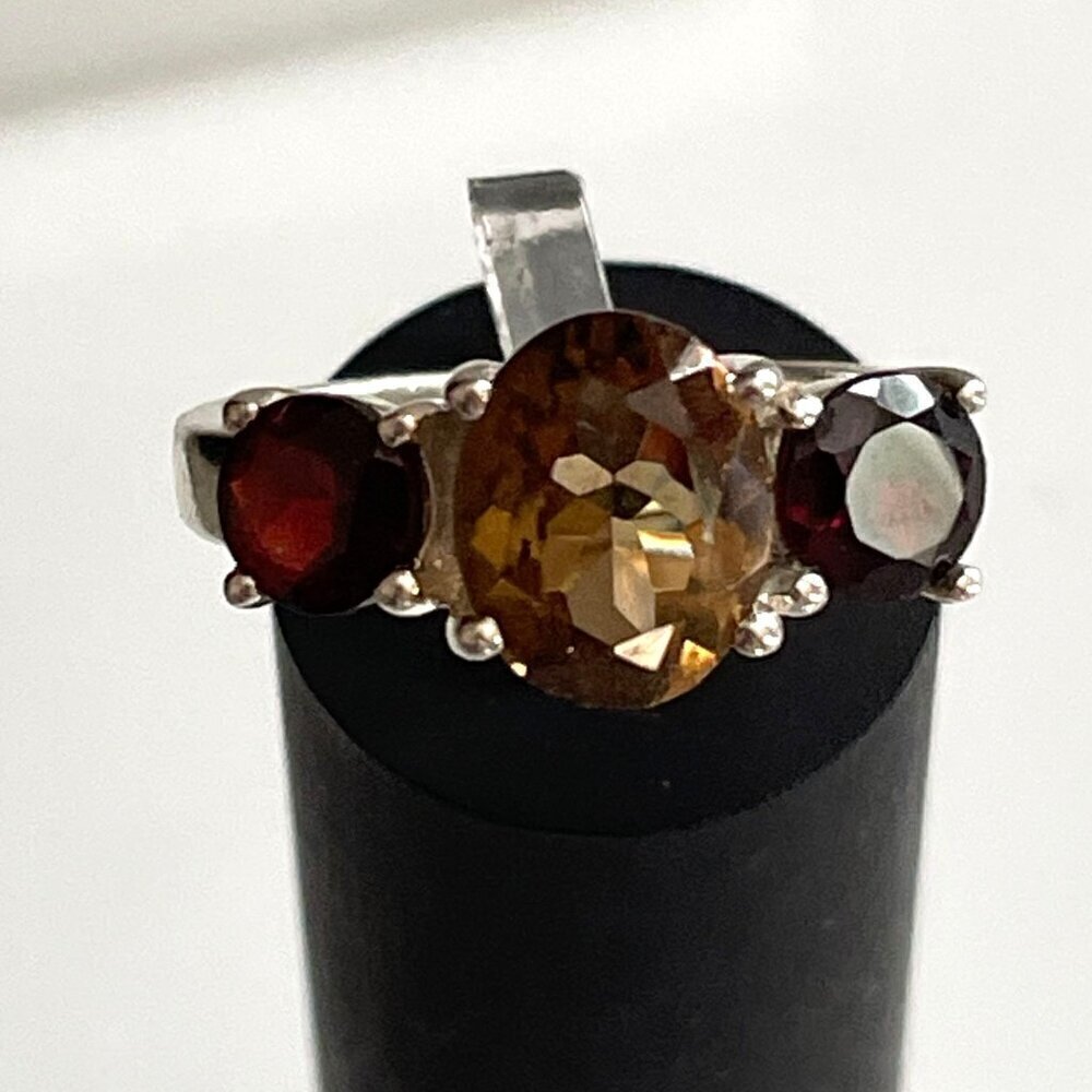 Three Stone Genuine Red Garnet Yellow Citrine Sterling Silver .925 Band Ring 7 - Picture 5 of 6